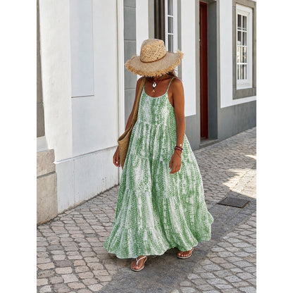 Women's Long Green-and-White Dress with Thin Straps