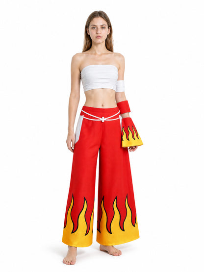 Anime cosplay costume with a flame print and wide-leg pants