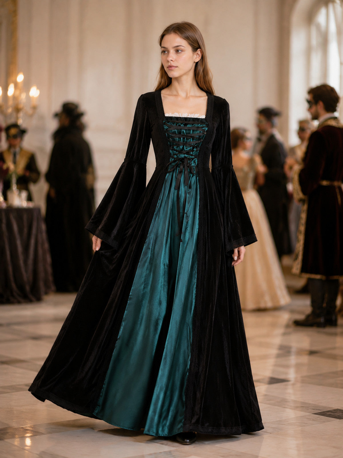 Black and Turquoise Medieval Dress with Lacing lifestyle view