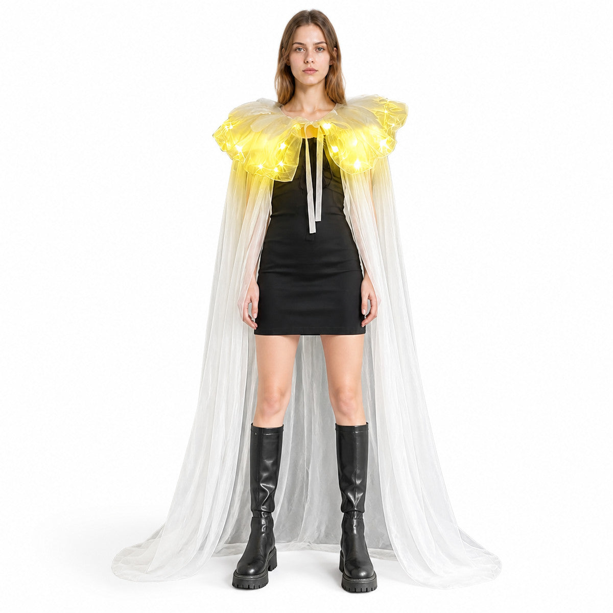 Women's Halloween Glowing Cape Costume with LED Shoulder Lights, White Lace-Up Costume Capes detail