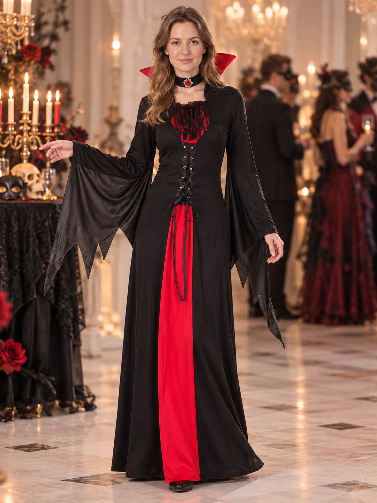 Vampire Costume: Long Black Dress with Red Insert