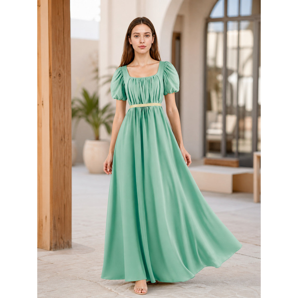 Mint Regency-Style Dress with Puff Sleeves