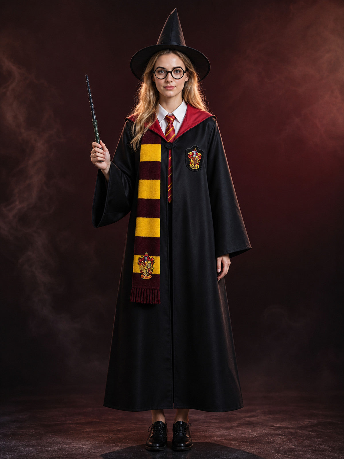 Unisex Gryffindor Style Wizard Costume Set, Complete Outfit with Robe, Shirt