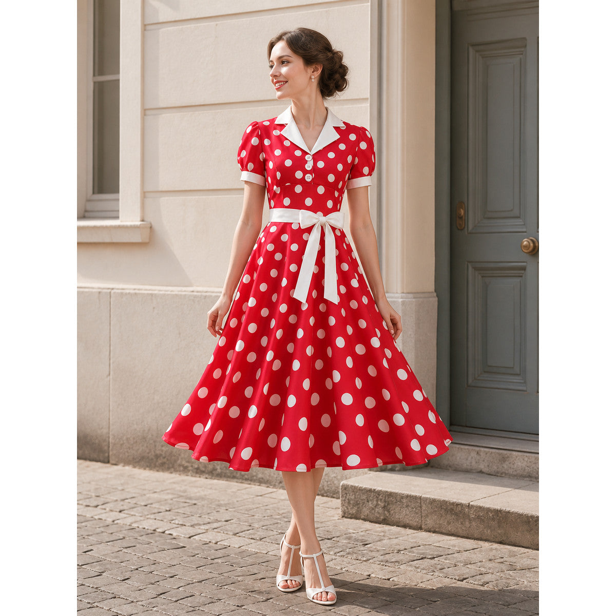 Polka Dot Dress with a Turn-Down Collar and Belt