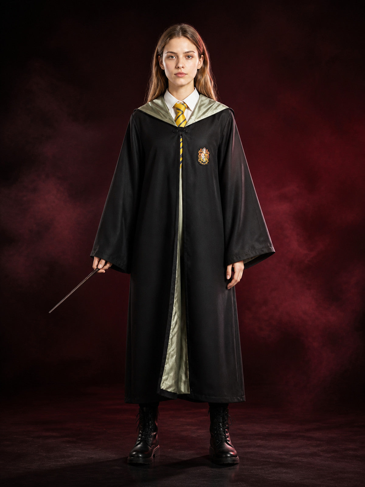 Wizard Robe Costume Set, Long Black Cloak with Crest and Striped Tie, Halloween main product view
