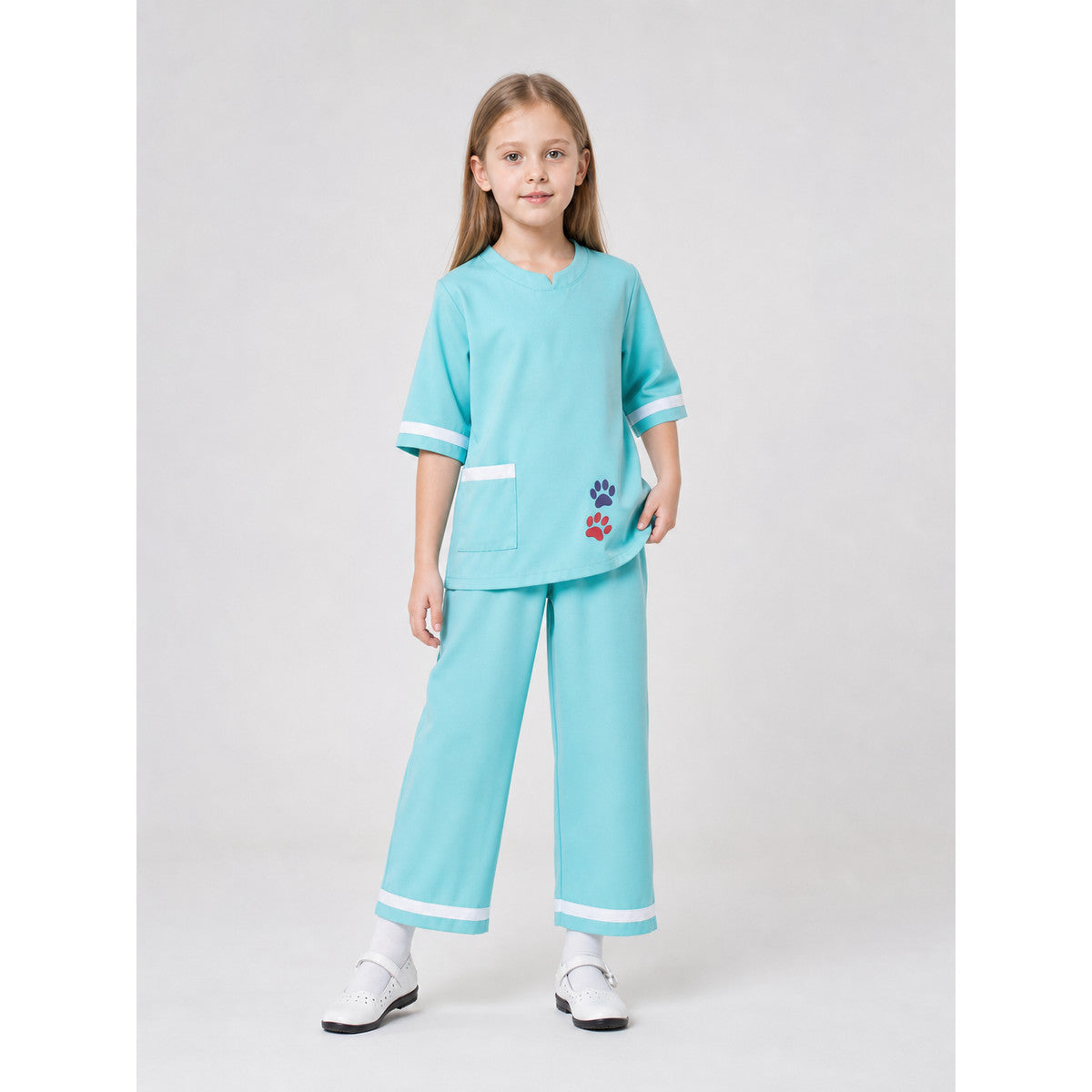 Veterinarian Medical Uniform Role-Play Costume: The set includes a short-sleeve V-neck top with a patch chest pocket and loose-fitting pants with white trim stripes along the bottom edge. The costume is light turquoise with white accents an