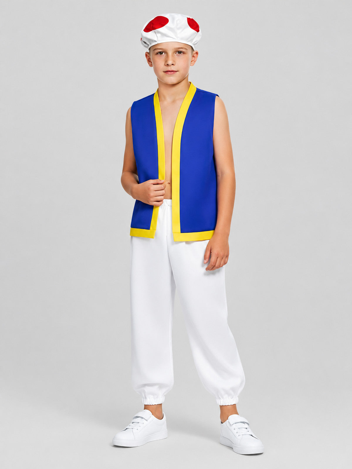 Toad Cosplay Costume: Blue Sleeveless Vest, White Pants, and Hat Costume Headwear detail