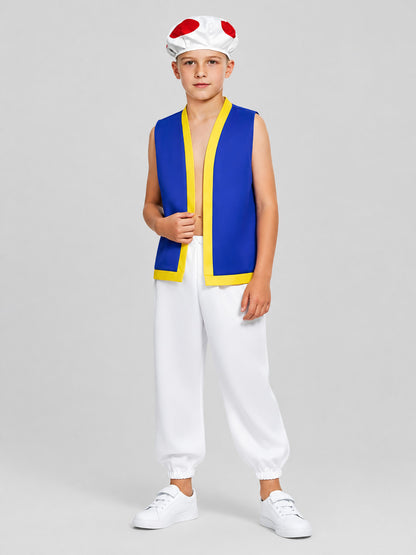 Toad Cosplay Costume: Blue Sleeveless Vest, White Pants, and Hat Costume Headwear detail