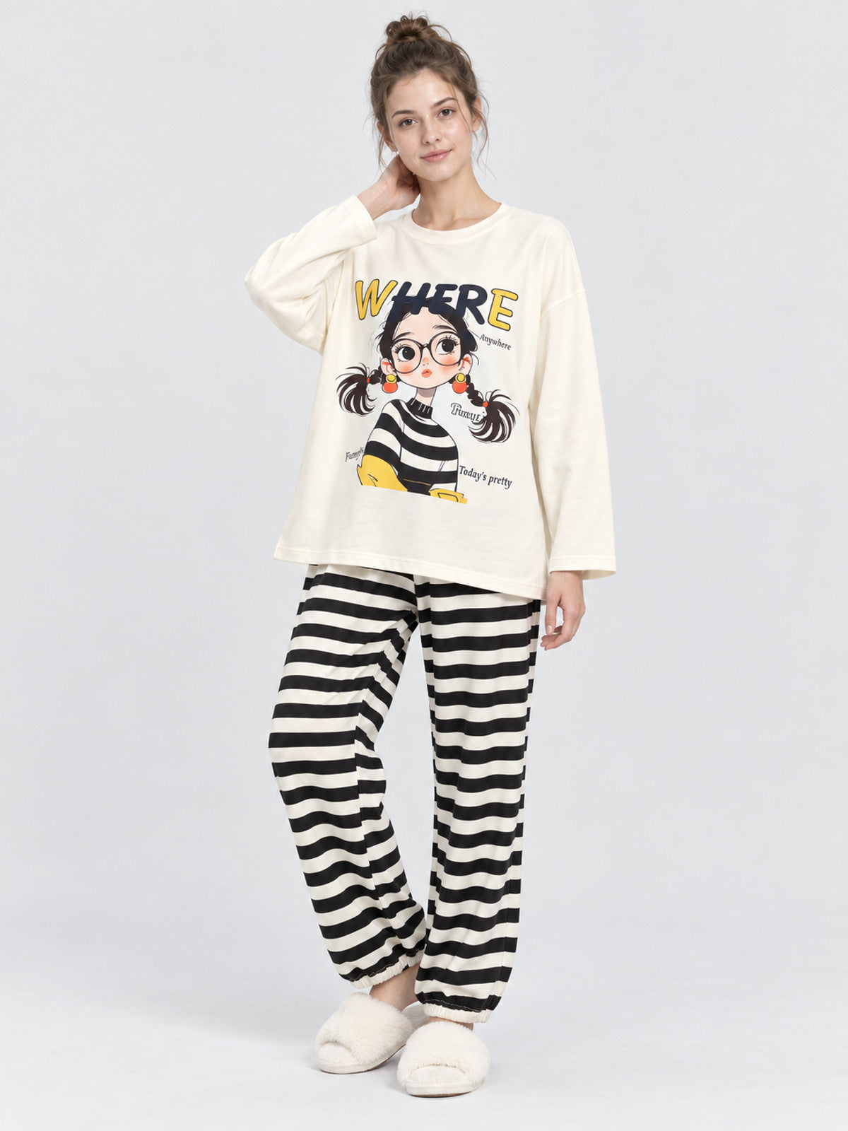 Pajama Set with Cartoon Print and Striped Pants