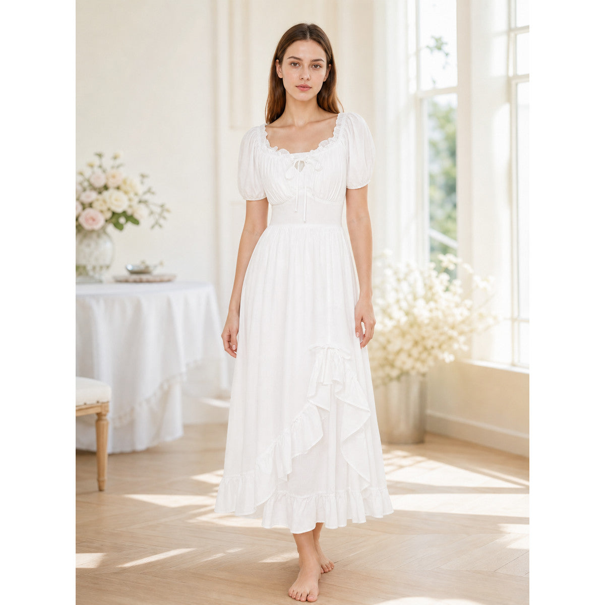 White Midi Dress with a Corset-Style Bodice and Ruffles lifestyle