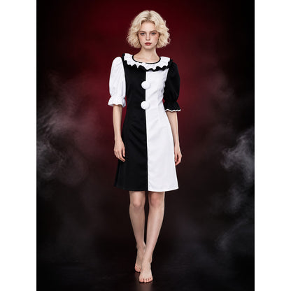 Clown Circus Costume Dress, Puff Sleeve Ruffled Collar, Black and White main product view