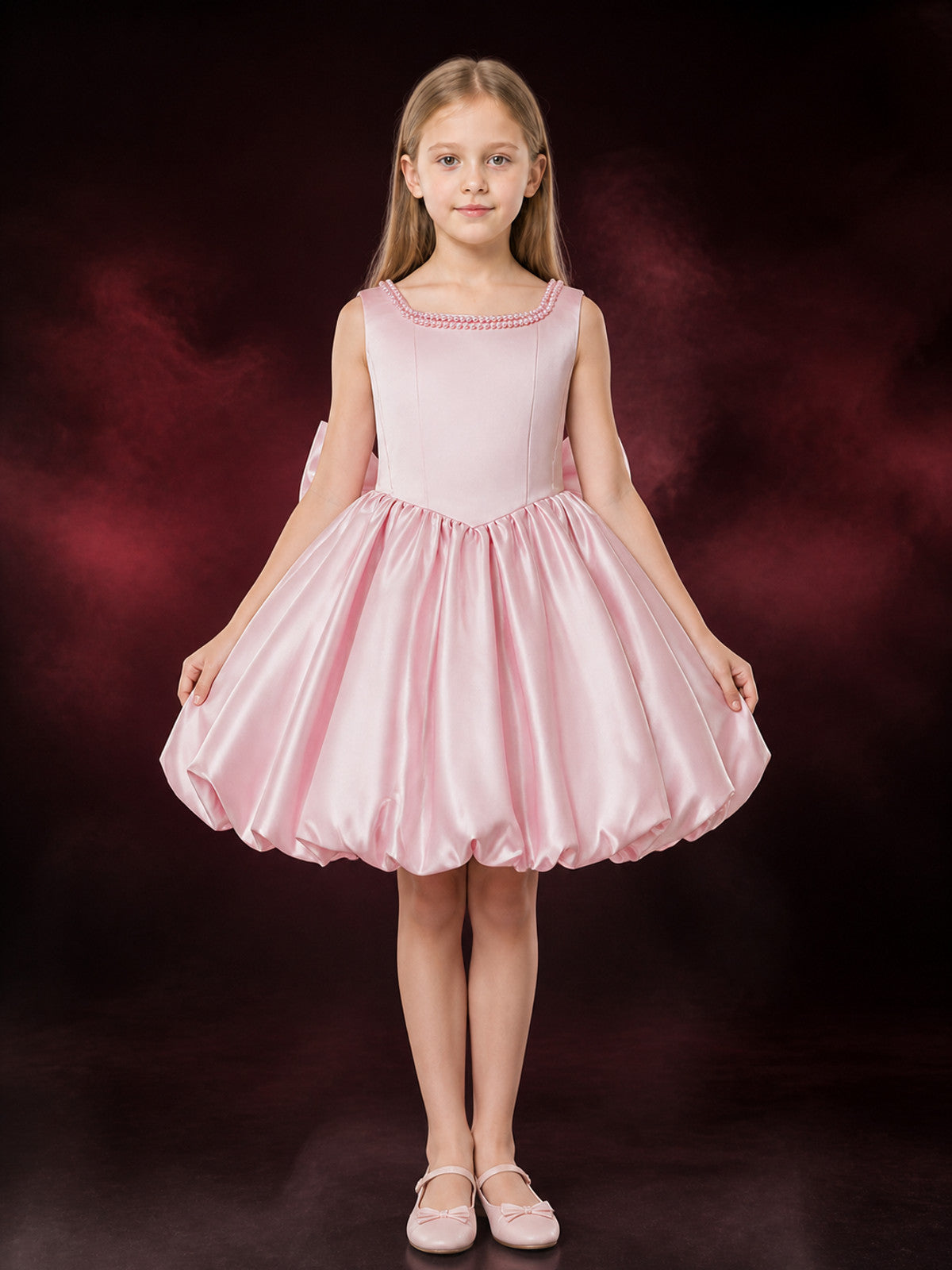 Girls' Pink Princess Dress, Sleeveless Pearl Neckline and Bow Back, Pleated Full main product view