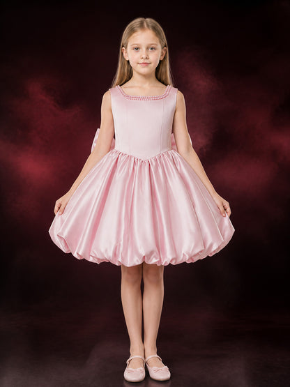 Girls' Pink Princess Dress, Sleeveless Pearl Neckline and Bow Back, Pleated Full main product view