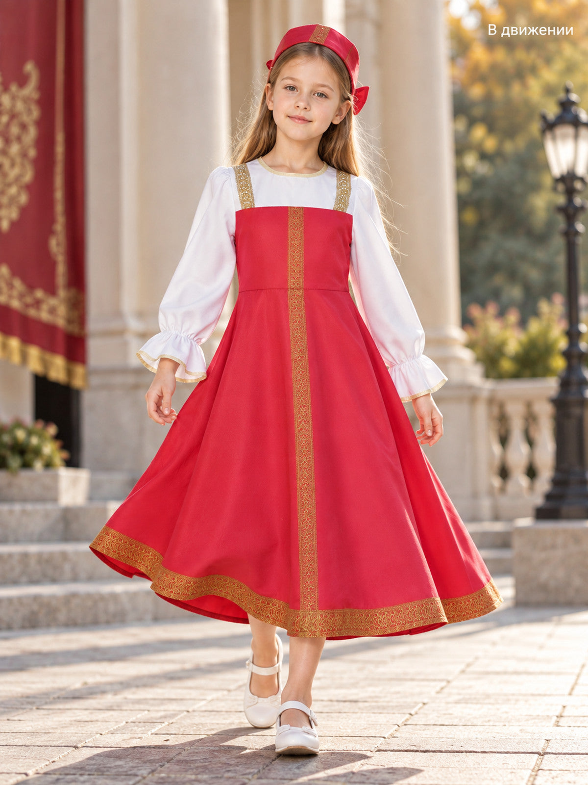 Red Folk Costume Dress for Cosplay with Gold-Tone Trim lifestyle view