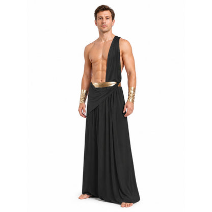 Long Black One-Shoulder Toga with Gold Belt product detail
