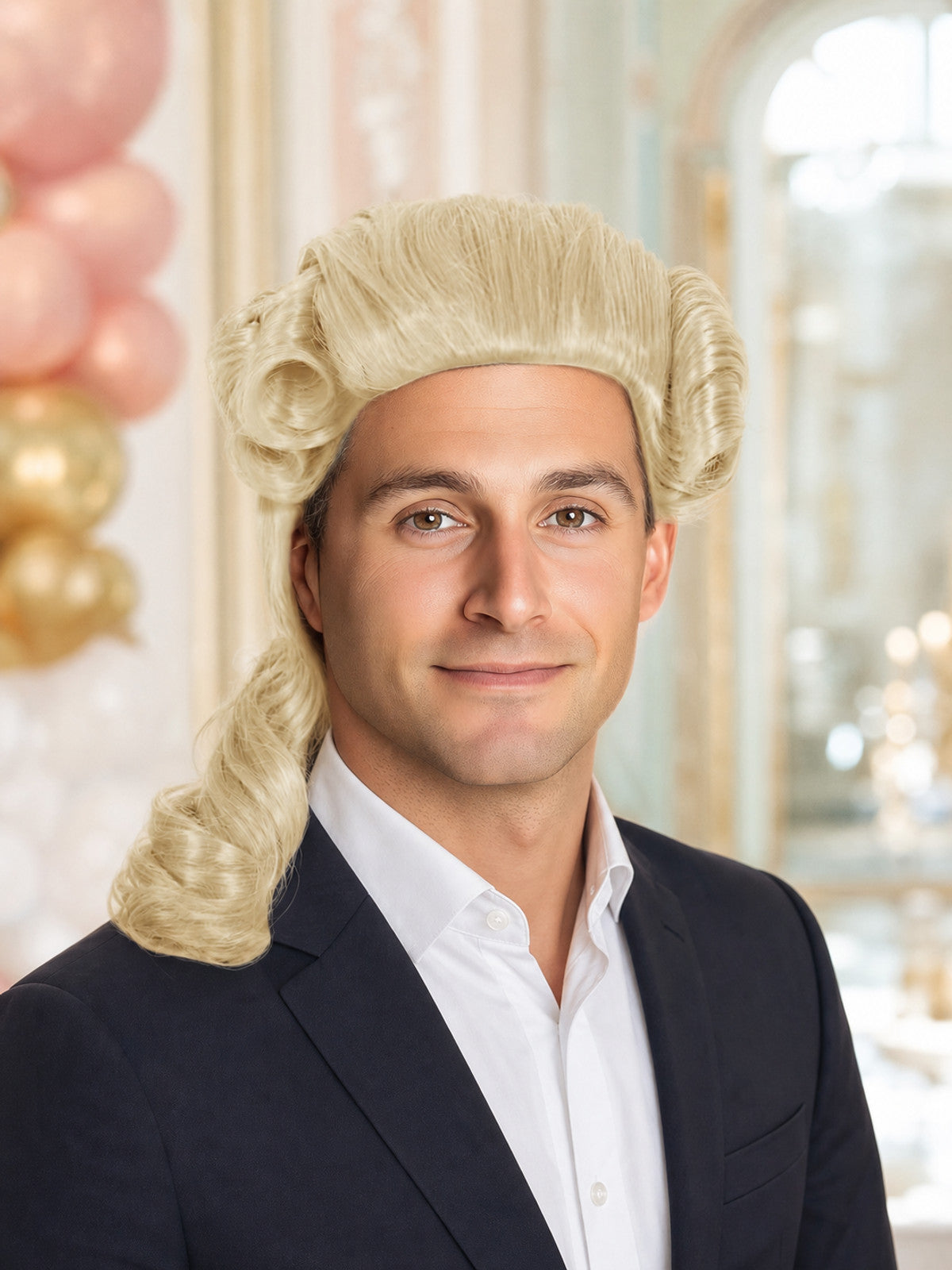 Blond curled costume wig with side rolls and long ponytail on a man in a black jacket, shown in a decorated indoor setting