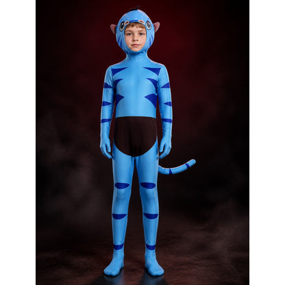 Kids Blue Alien Jumpsuit Costume With Alien Headpiece and Tail main product view