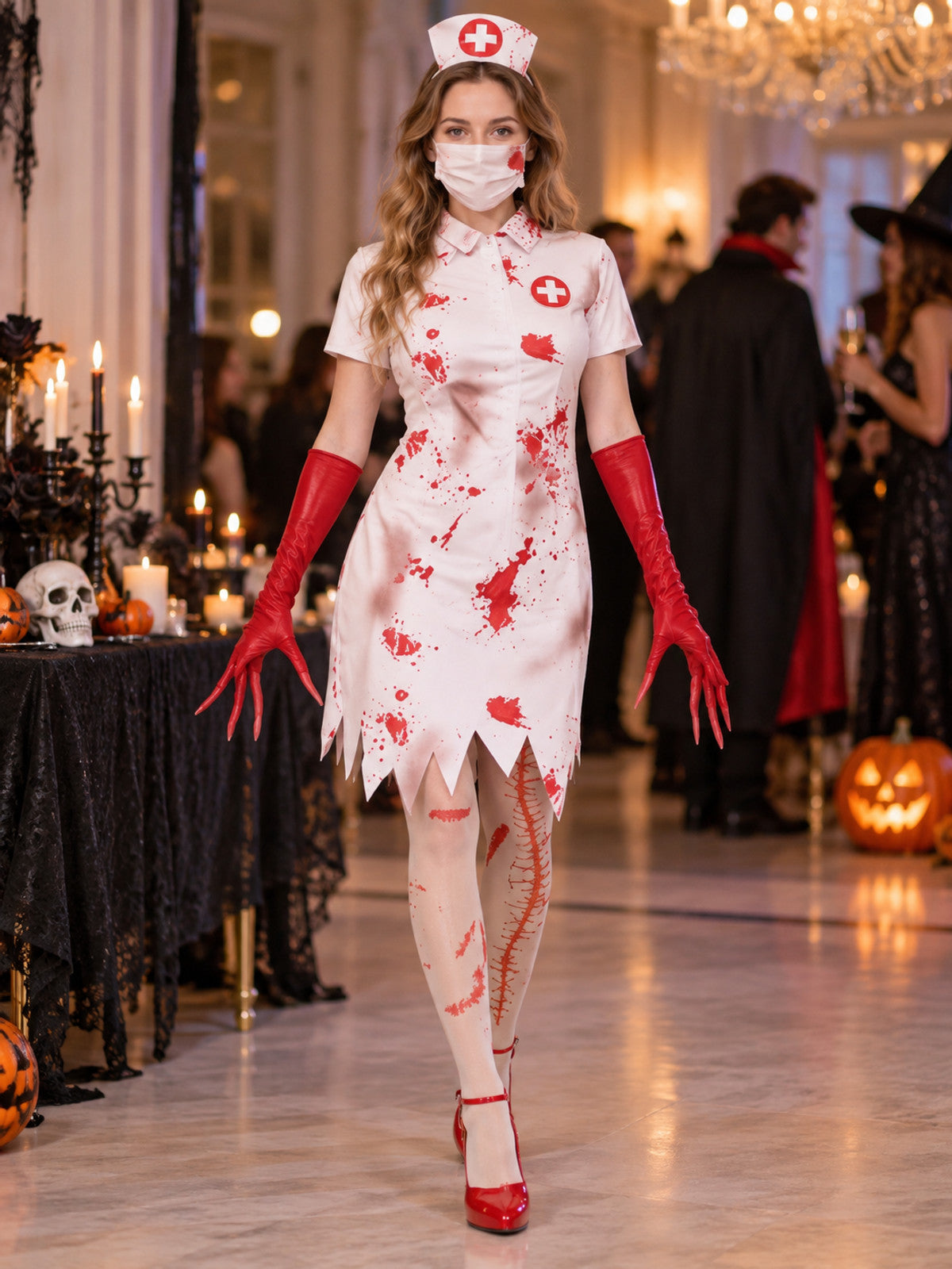 Halloween Nurse Costume with Cross, Mask, and Gloves