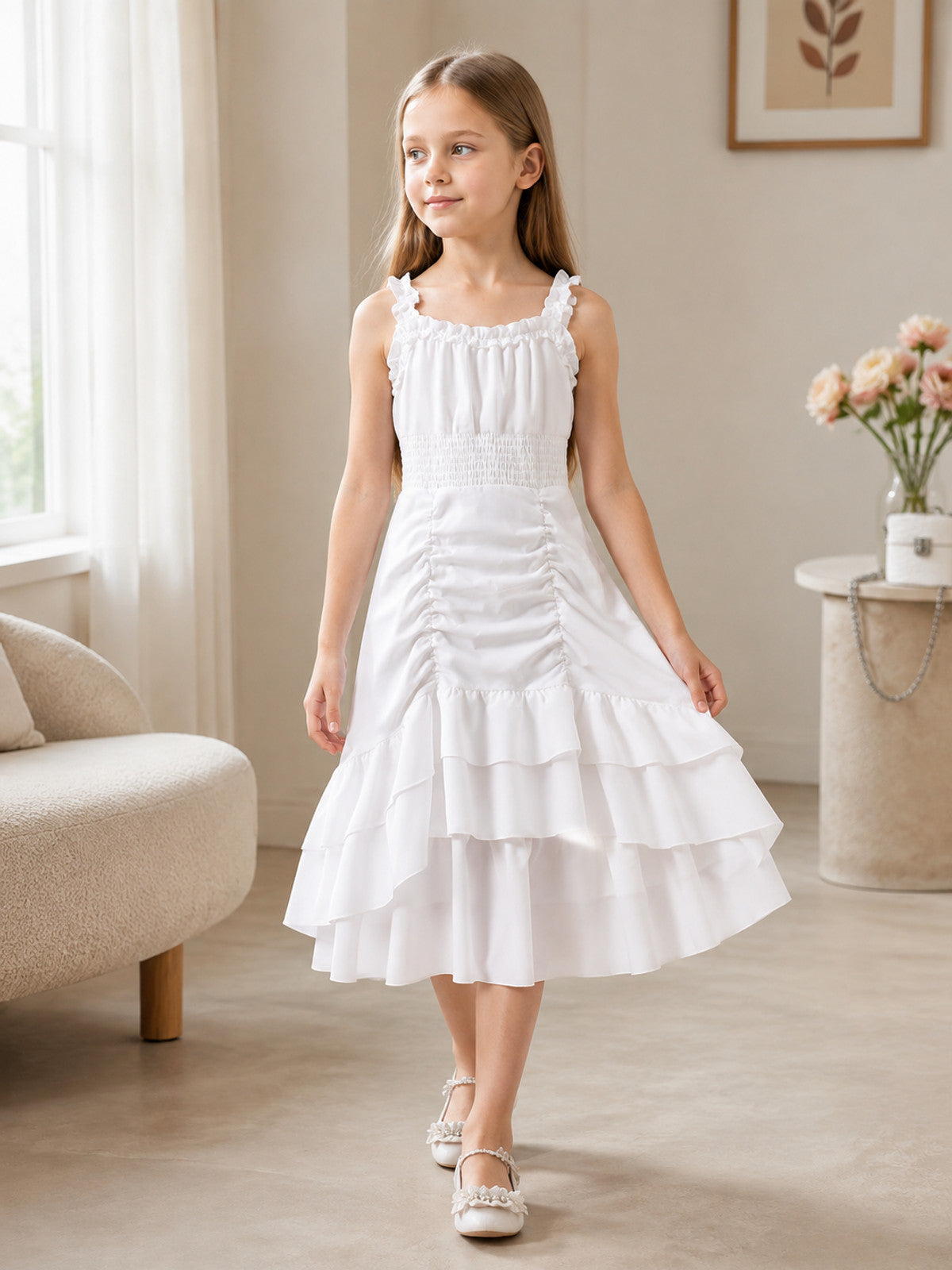 Medieval Ruffle-Trimmed Midi Dress with Straps lifestyle view