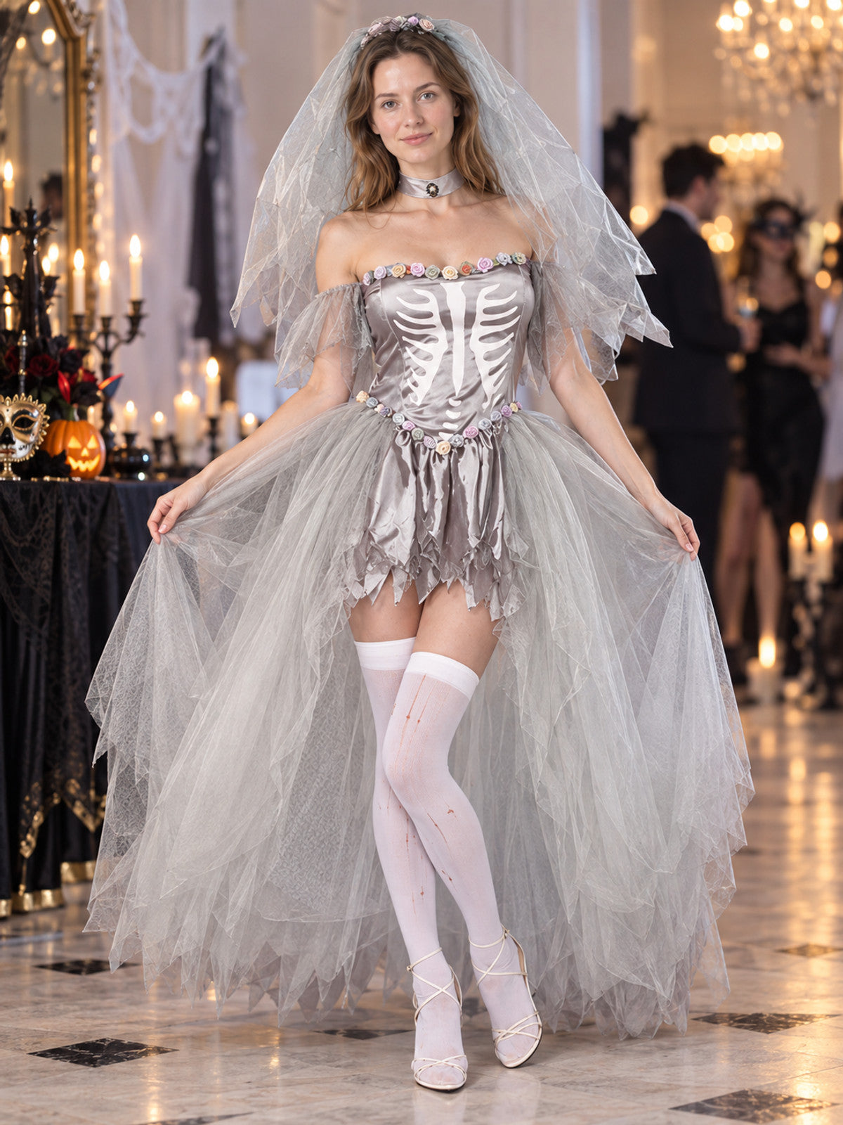 Gray Tulle Skeleton Costume with Veil