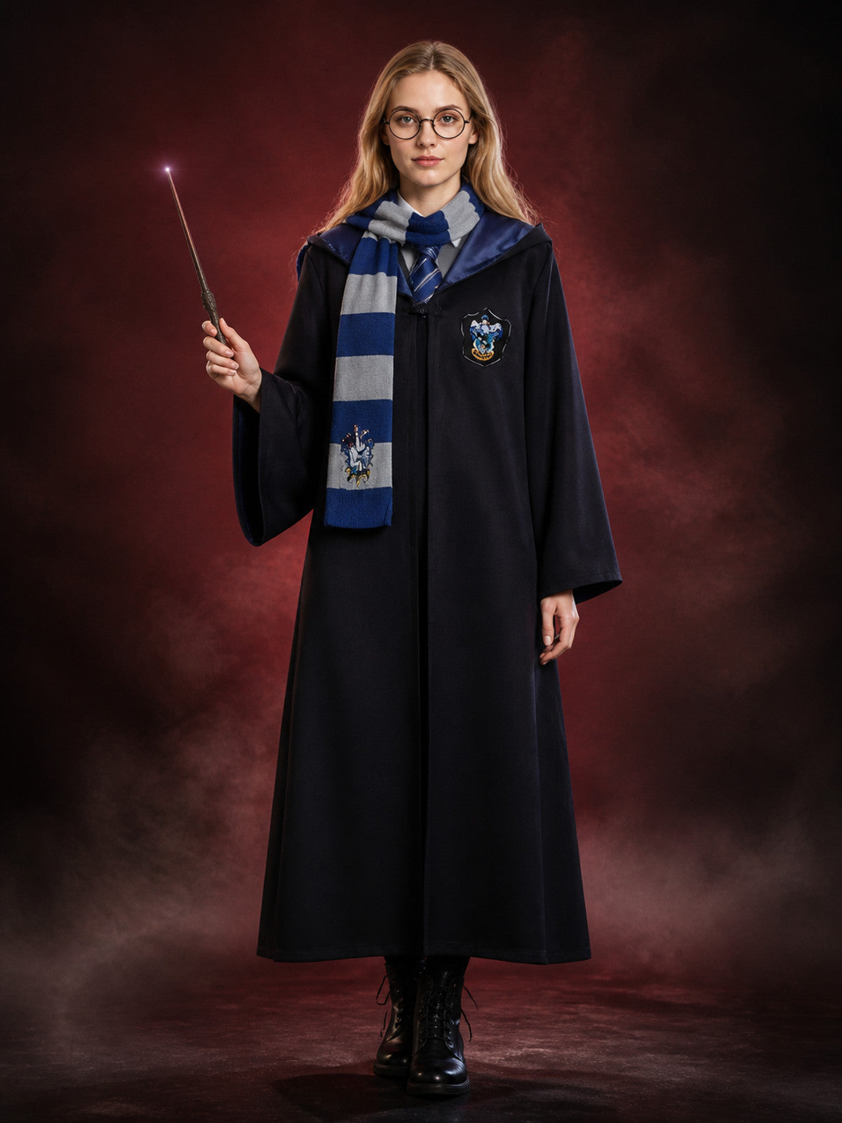 Wizard Robe Costume Set, Hooded Black Cloak with Blue-White Striped Scarf, Tie