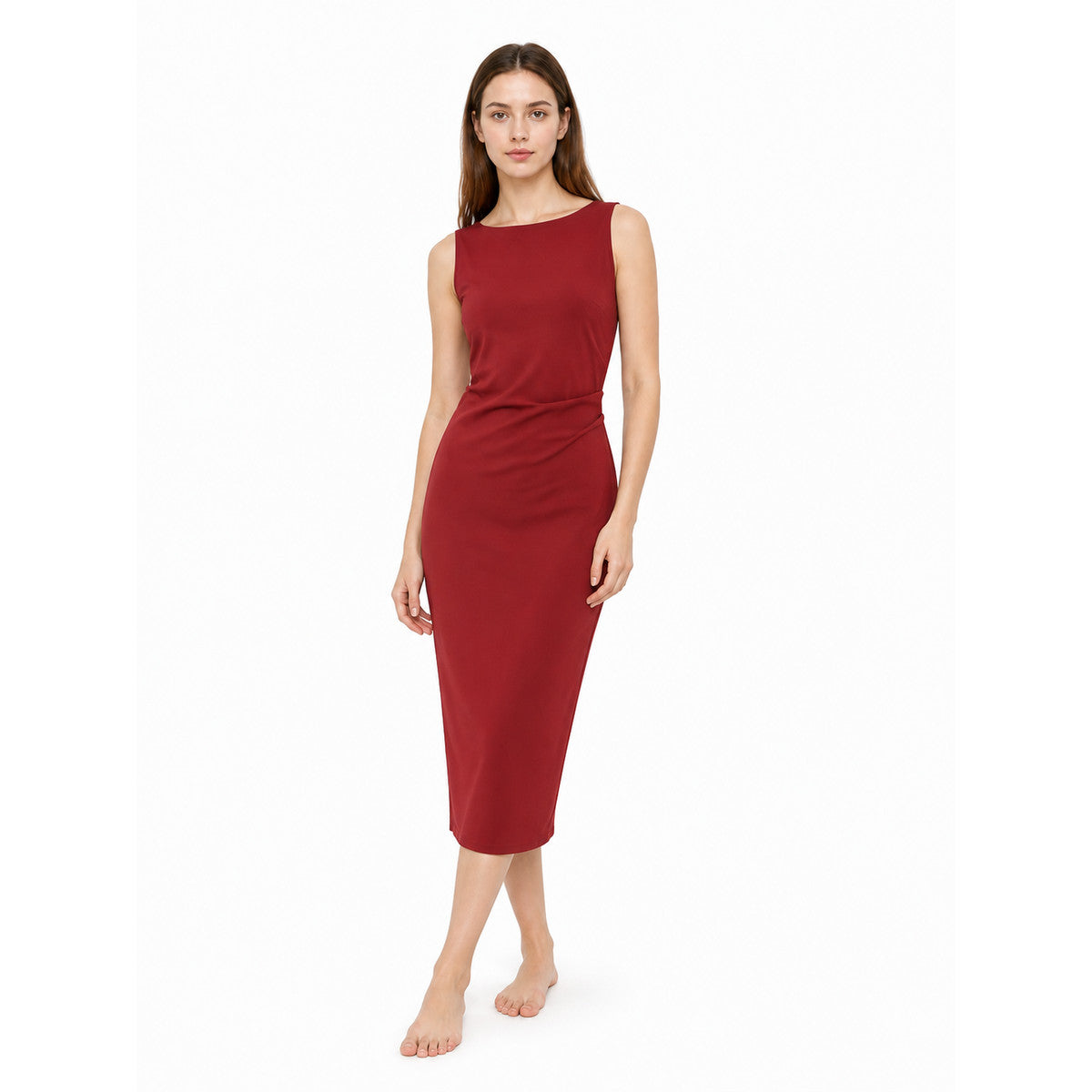 Red Fitted Sleeveless Dress with Draping Costume Dresses detail