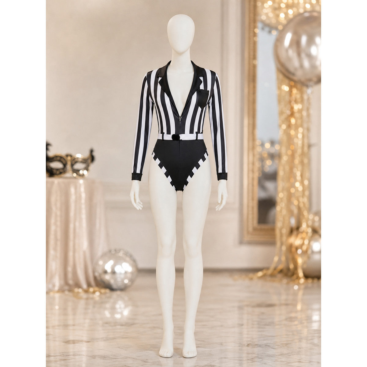 Striped Referee Jumpsuit with Deep V-Neck