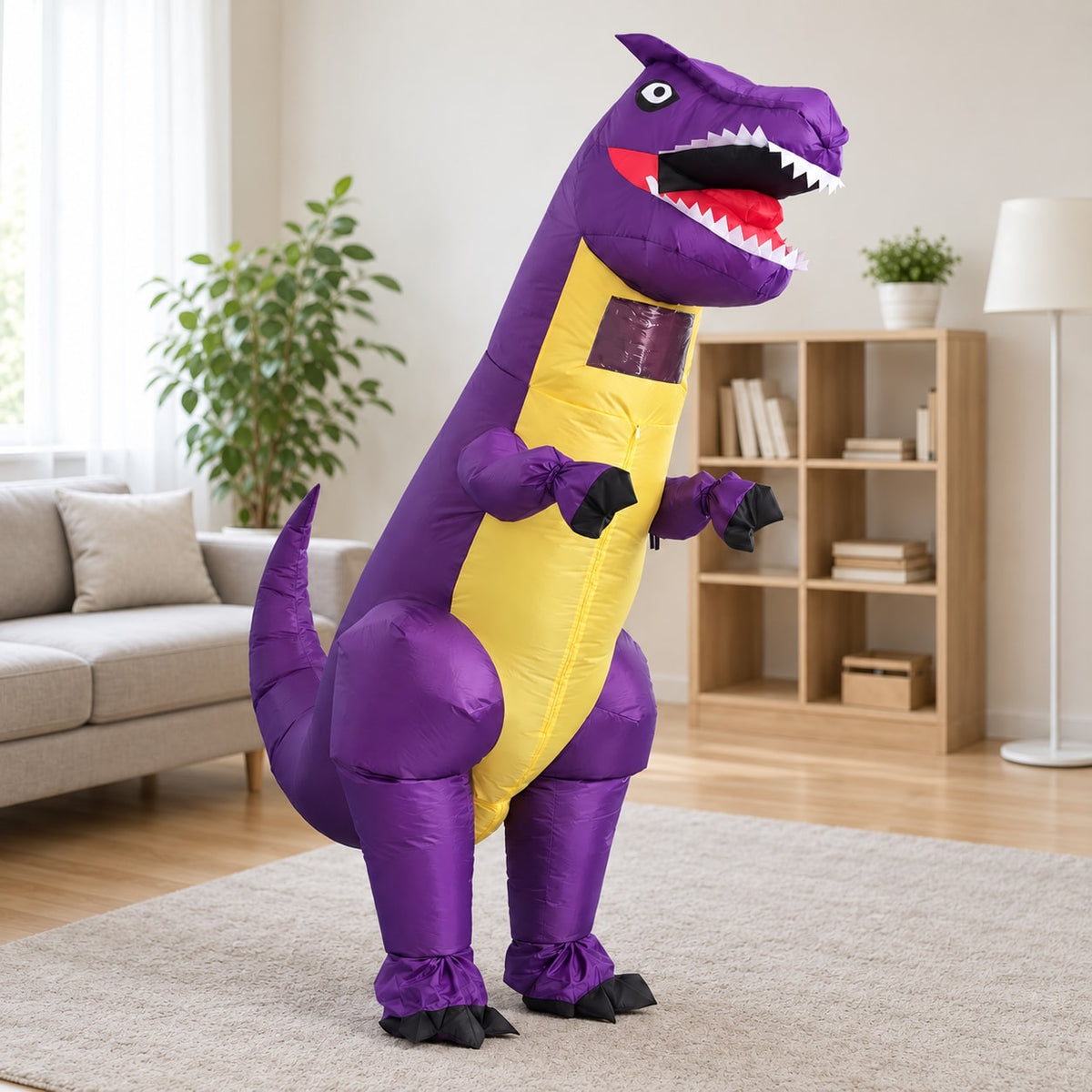 Adult wearing the purple inflatable T-rex costume in a living room
