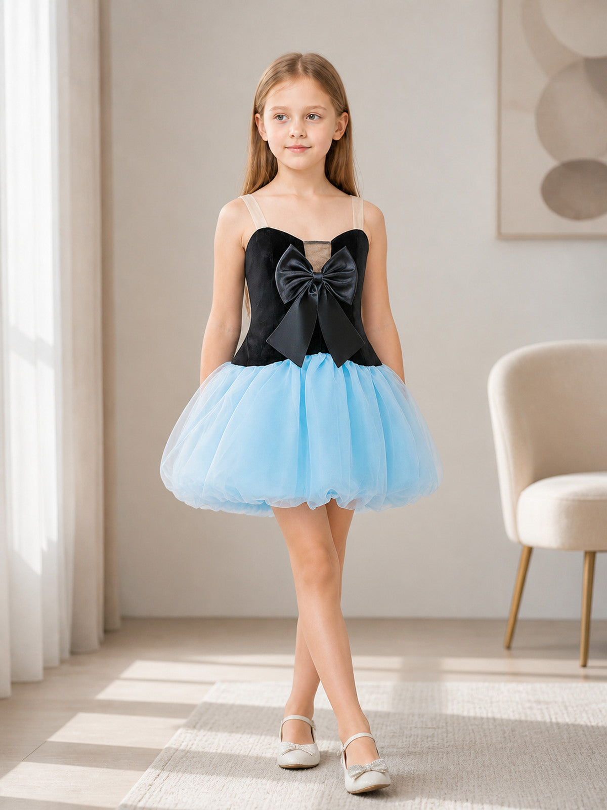 Black and Blue Dress with a Bustier Bodice and Full Skirt