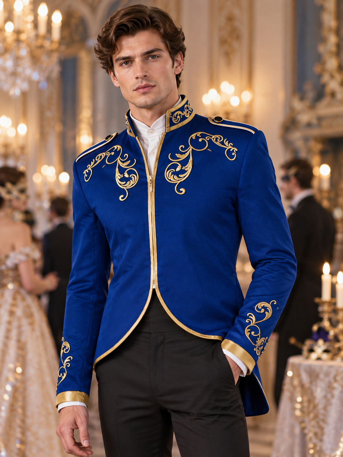 Blue tailcoat with gold embroidery and high collar