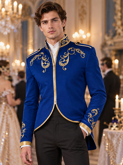 Blue tailcoat with gold embroidery and high collar