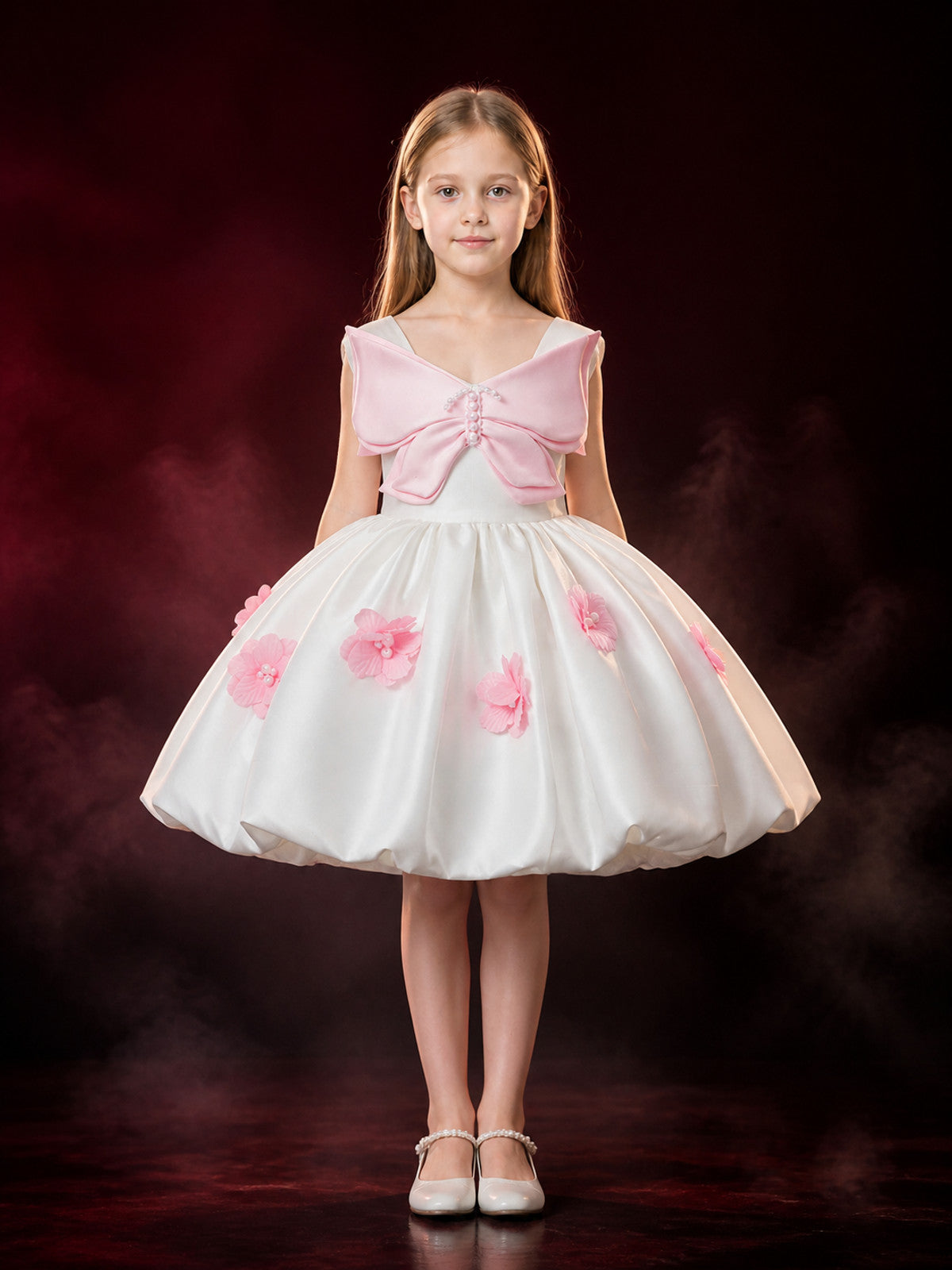 Girls' White and Pink Princess Dress with 3D Bow, Pearl Details and Full Skirt main product view