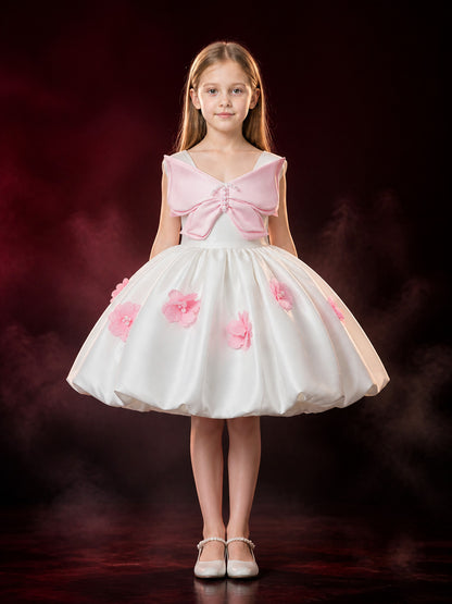 Girls' White and Pink Princess Dress with 3D Bow, Pearl Details and Full Skirt main product view