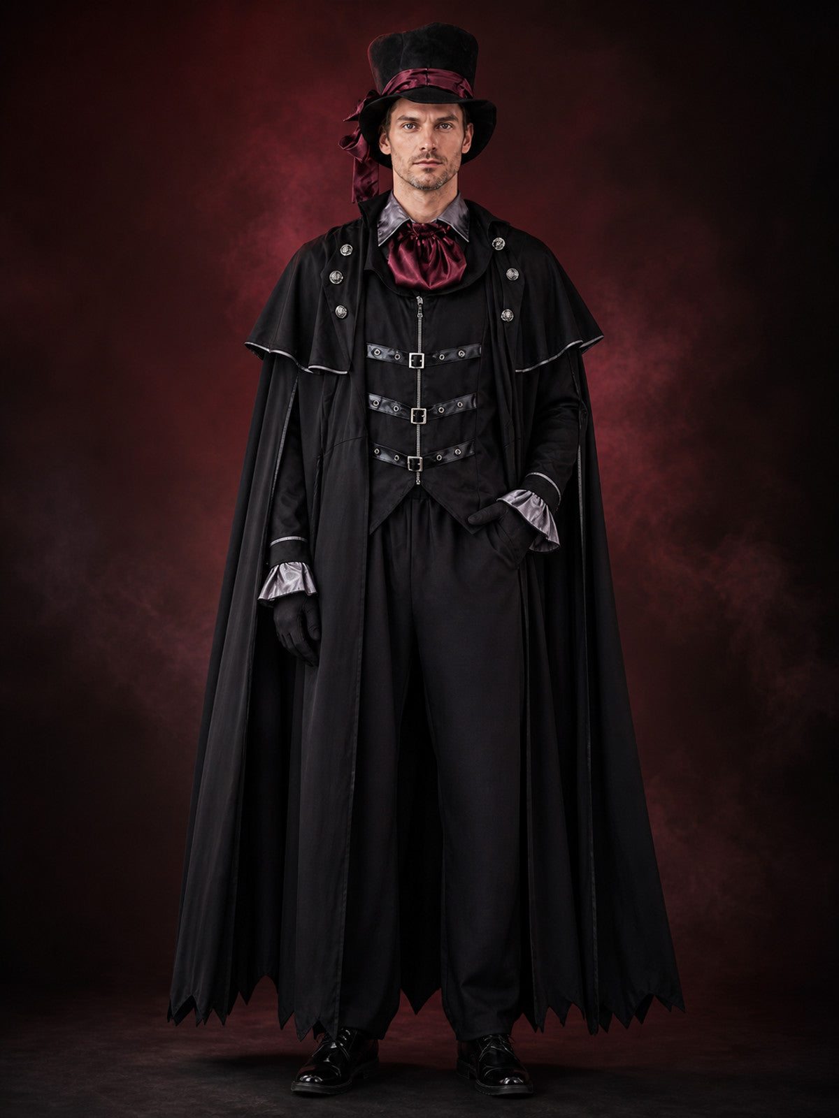 Men's Gothic Wizard Costume Set, Black Cape with Silver Trim, Vest, Top Hat & main product view