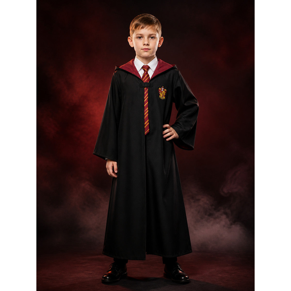 Kids Wizard Costume Set, Hooded Long Black Robe with Red and Gold Striped Tie main product view