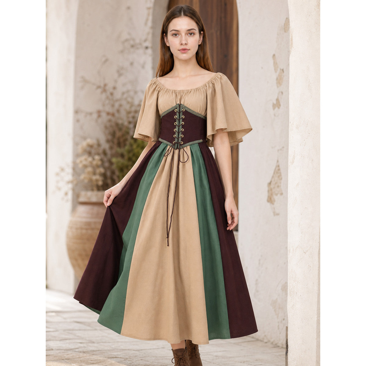 Medieval Dress with Corset Lacing and Ruffles