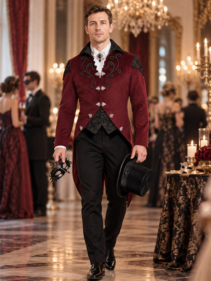 Burgundy carnaval tailcoat with black lace and embroidery