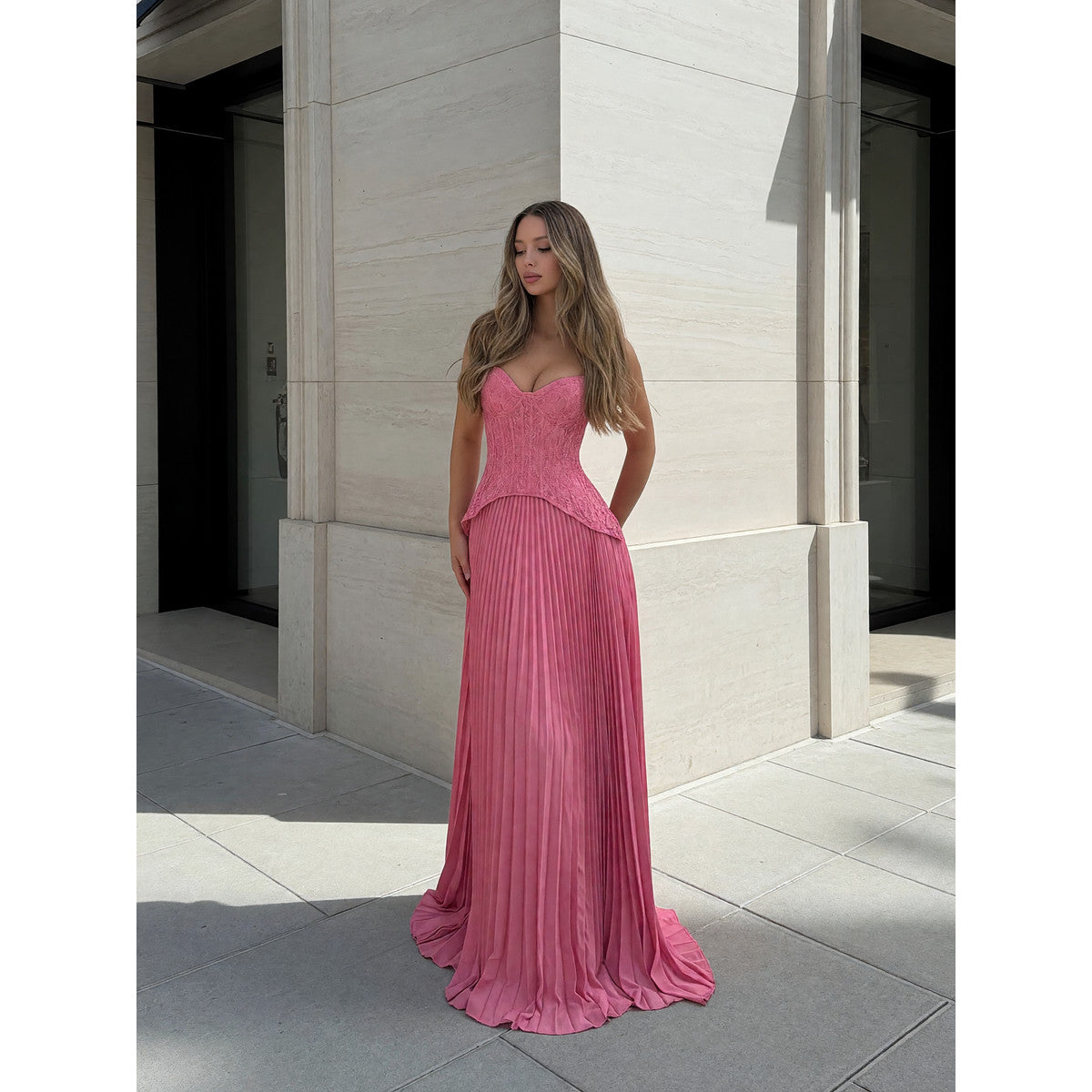 Pink Women’s Corset-Bodice Maxi Dress