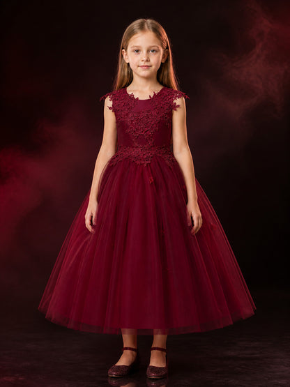 Girls' Burgundy Flower Girl Princess Dress, Sleeveless Floral Lace Gown main product view