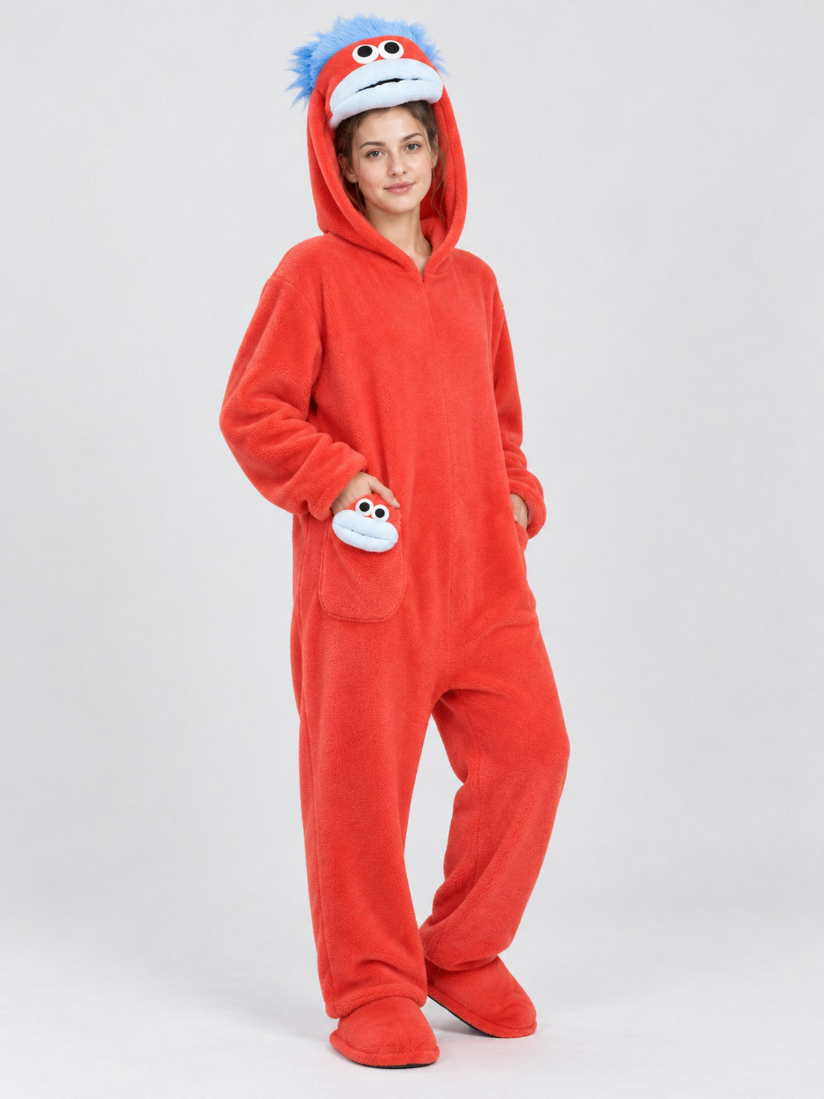 Red Home Jumpsuit Pajama with a Puffy Face