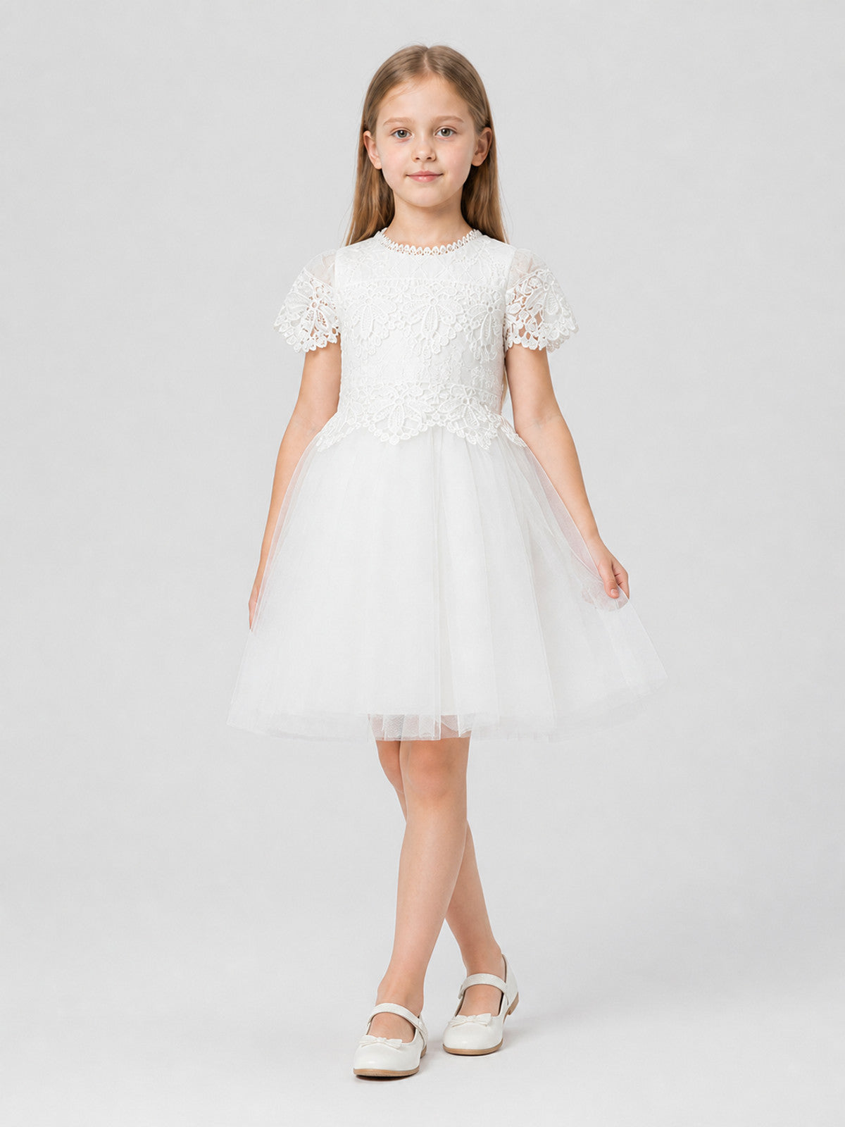 Elegant Girls' Lace Dress, White, Full Skirt Costume Dresses detail