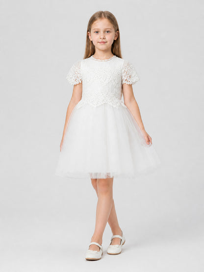 Elegant Girls' Lace Dress, White, Full Skirt Costume Dresses detail