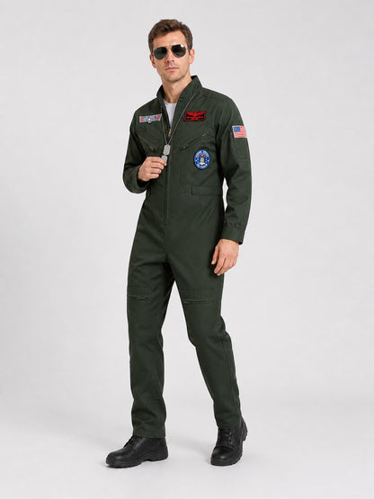 Top Gun Pilot Cosplay Jumpsuit, Khaki, Glasses and Chain Costumes detail
