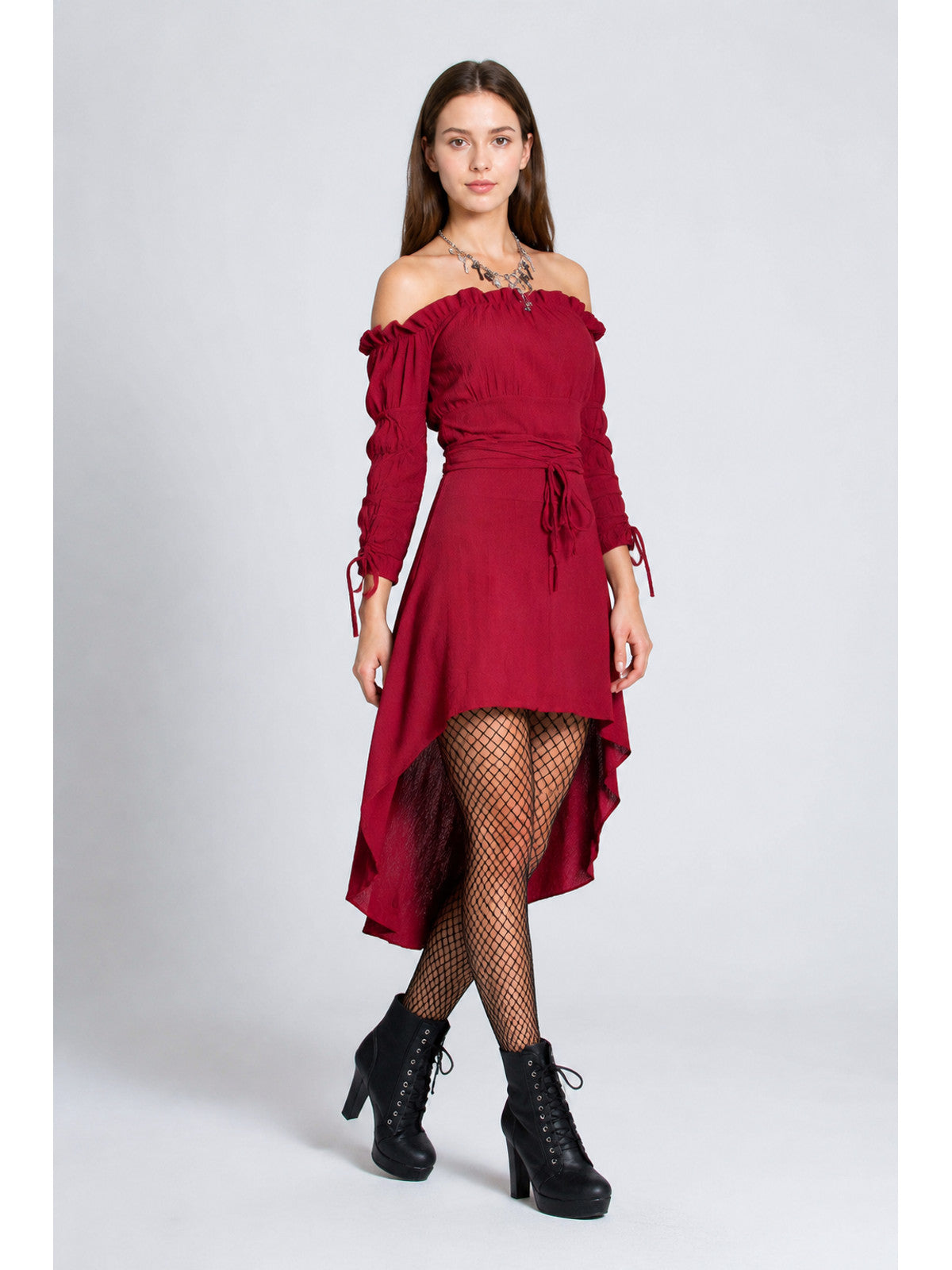 Burgundy Off-the-Shoulder Dress with an Asymmetrical Hem Costume Dresses detail