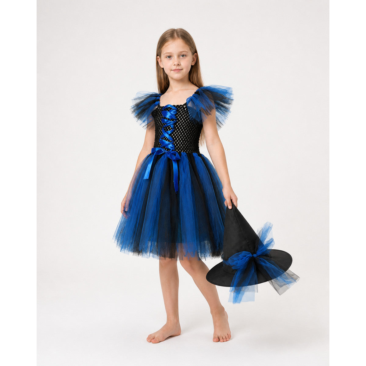 Blue and Black Witch Costume with Full Skirt and Hat Costume Headwear detail