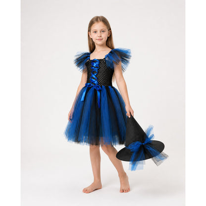 Blue and Black Witch Costume with Full Skirt and Hat Costume Headwear detail