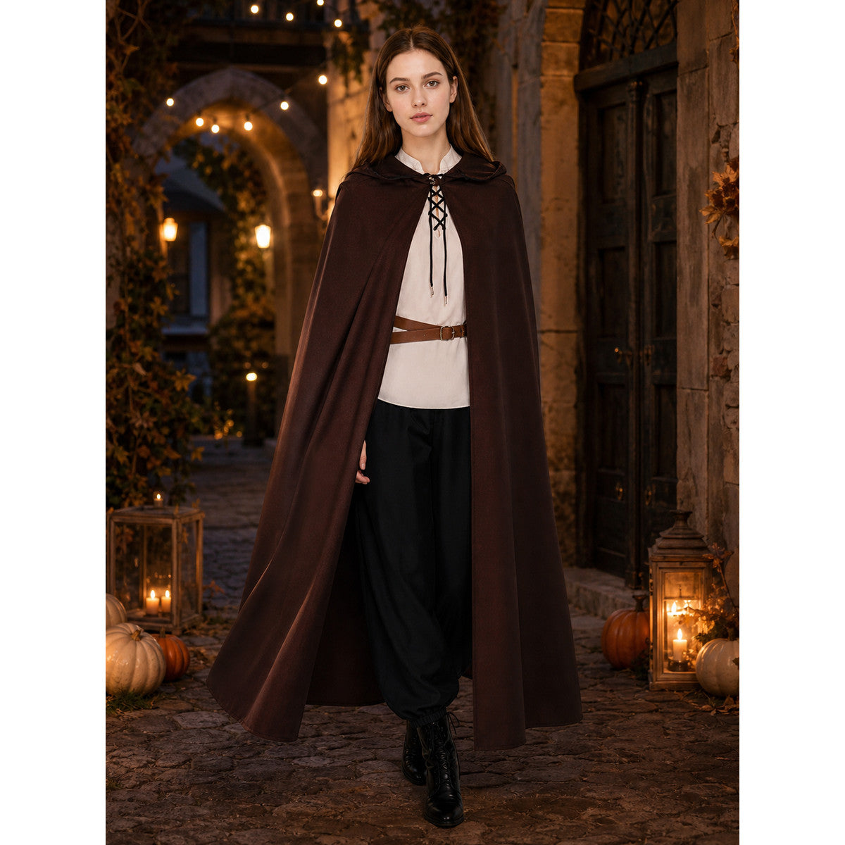 Halloween Medieval Knight Pirate Cosplay Hooded Cloak, Long Loose Cape With Pointed Hood And Front Cross Lacing
