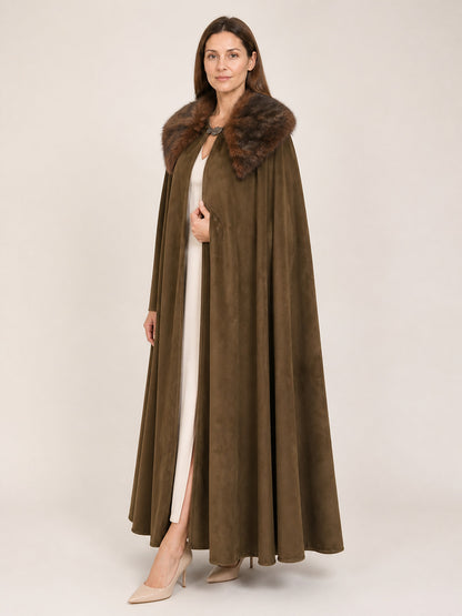 Long Open-Front Cape with Fur Collar, Brown