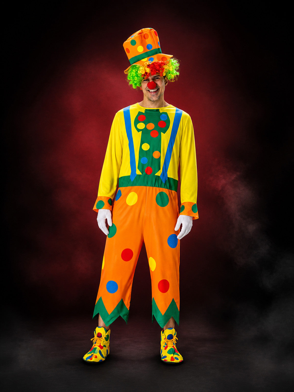 Unisex Clown Jumpsuit Costume with Polka Dot Print and Matching Hat