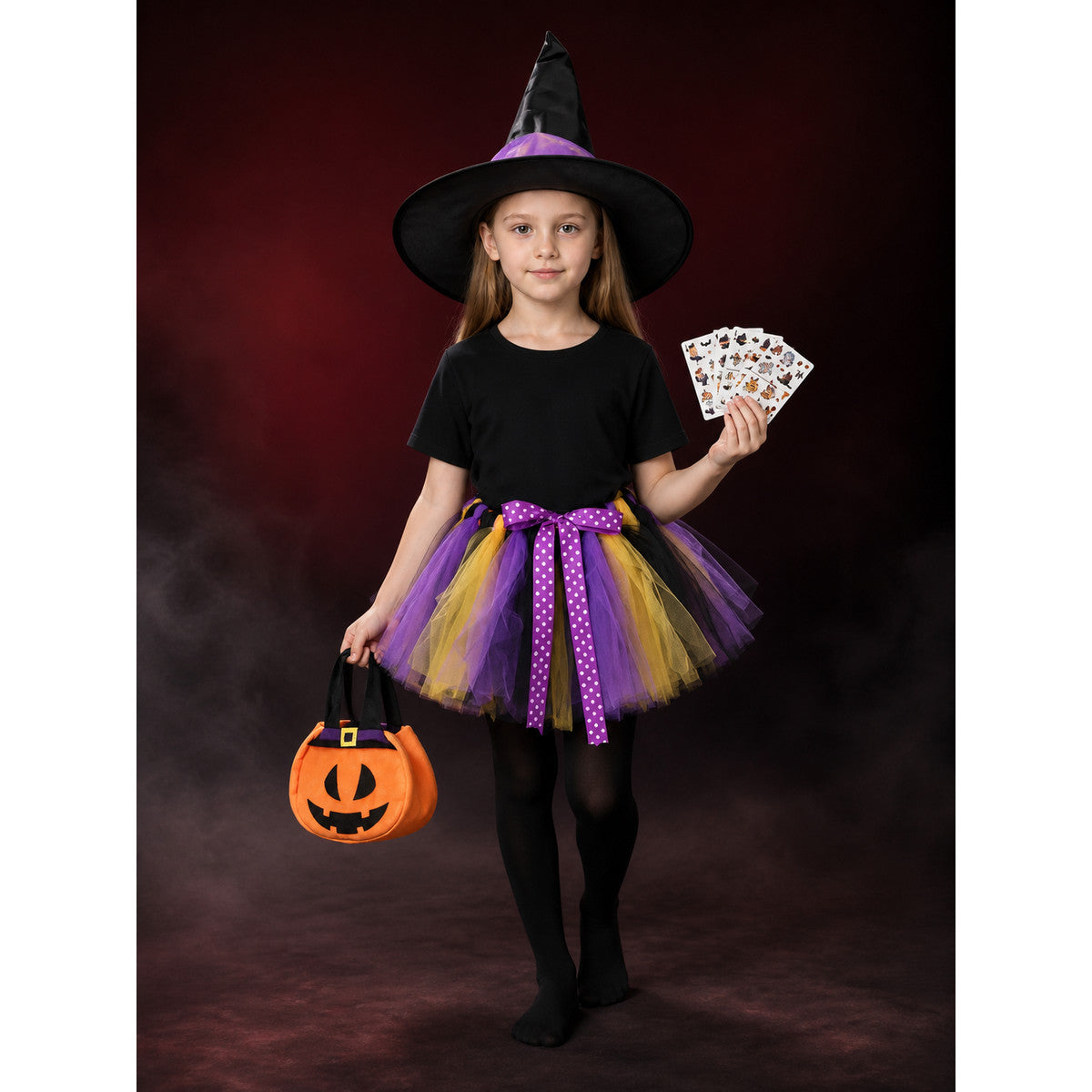 Girls' Witch Costume Set, Layered Tutu Skirt With Hat, Candy Bag, Tights & lifestyle
